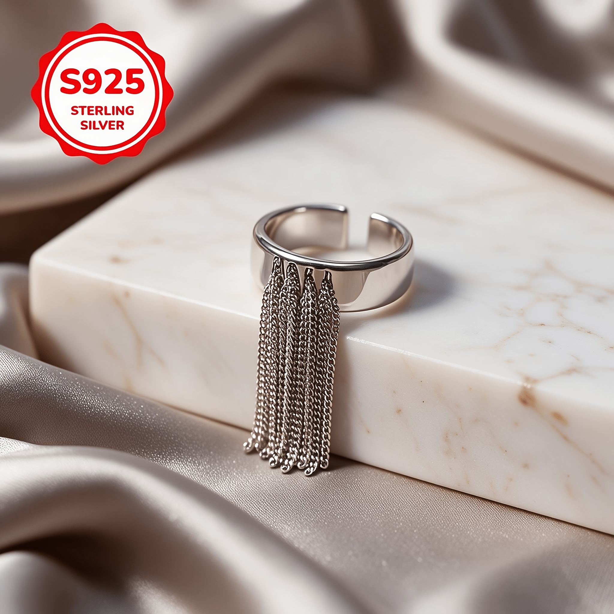 925 Silver Geometric Tassel Long Chain Adjustable Ring
